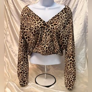 Leopard Print V-Neck Blouse in Tan and Black